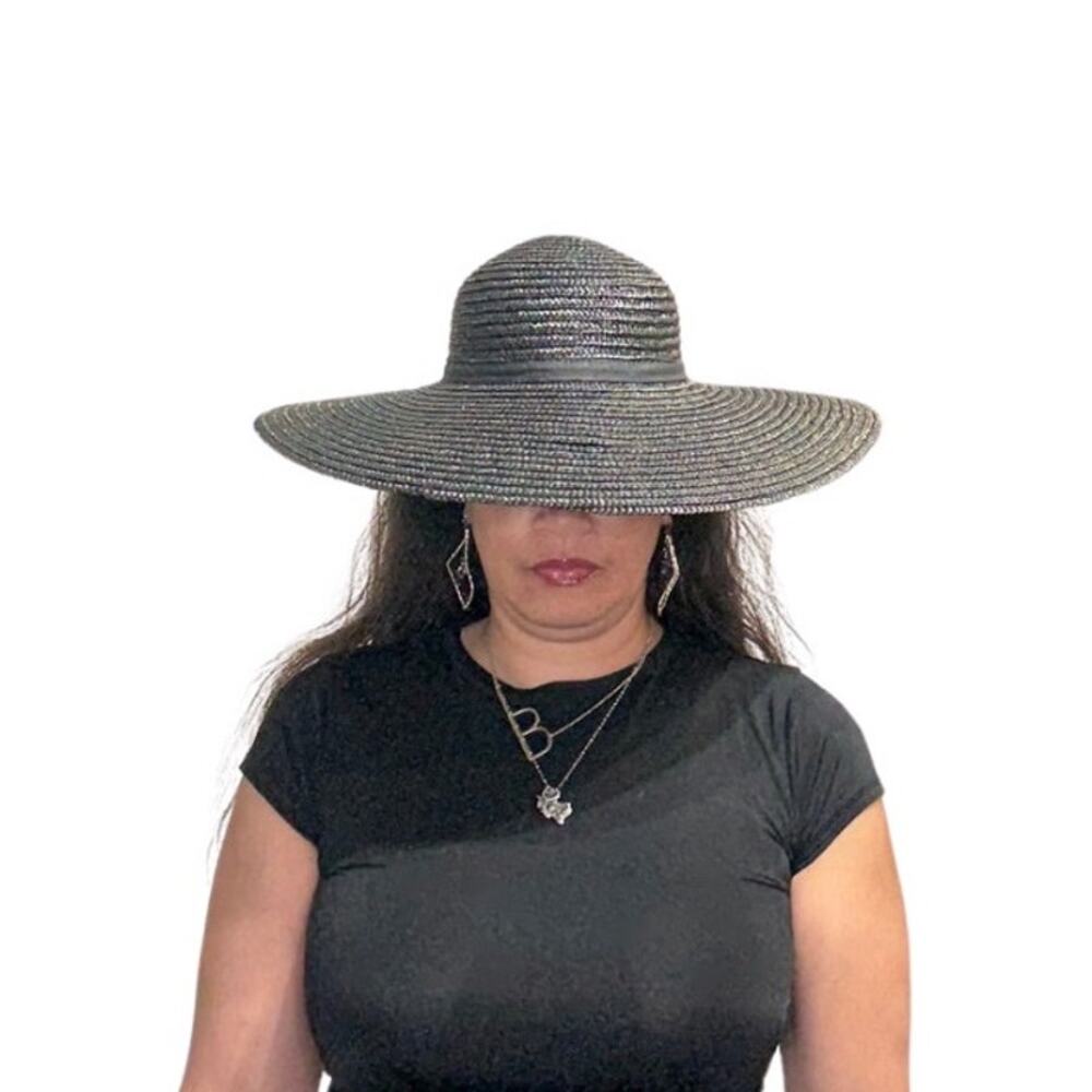 Vintage Sakowitz Black Wide Brim Straw Sun Hat Women’s Elegant Kentucky Derby